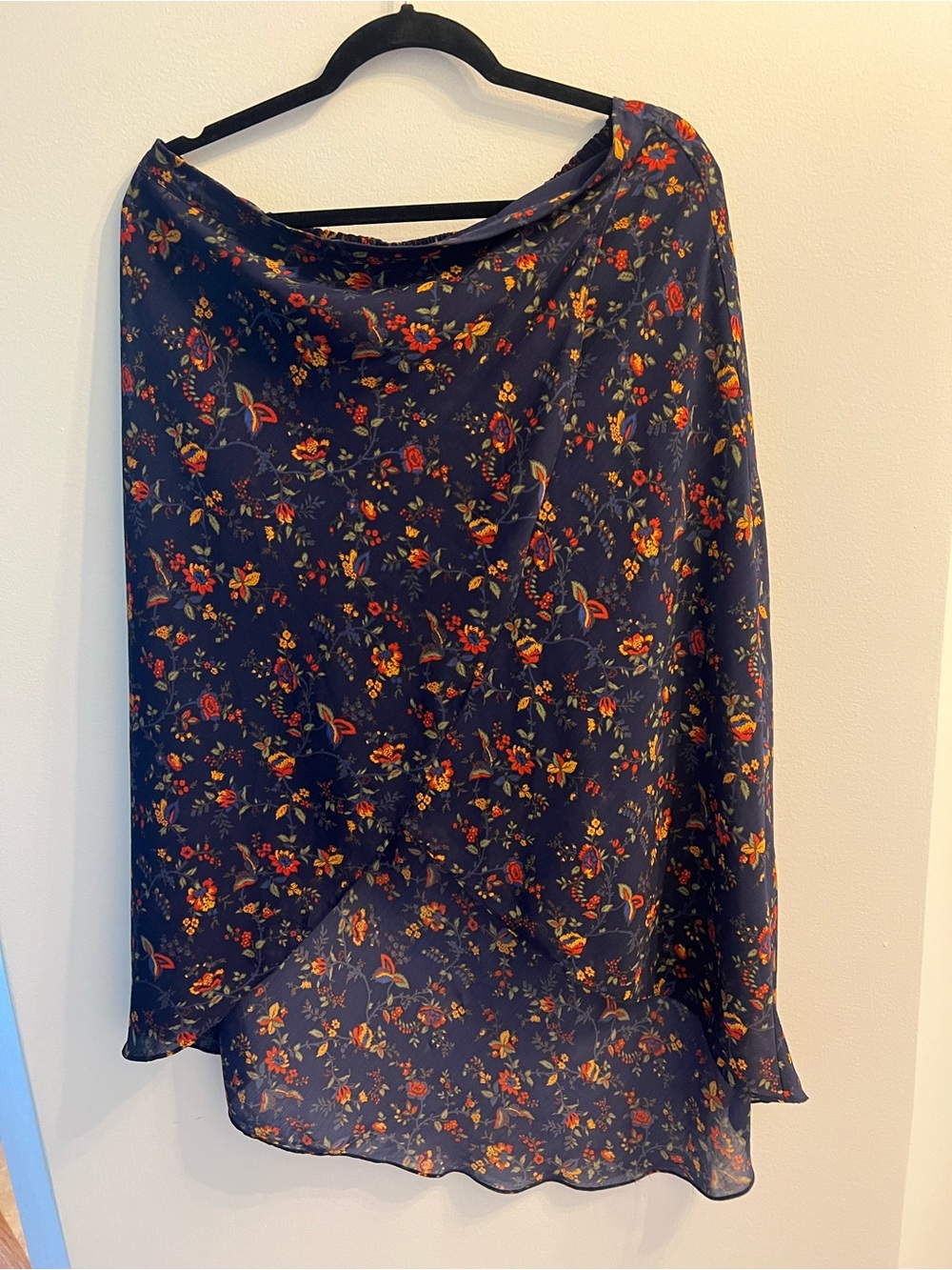Madewell Navy Floral Midi Skirt with Red and Yellow Accents